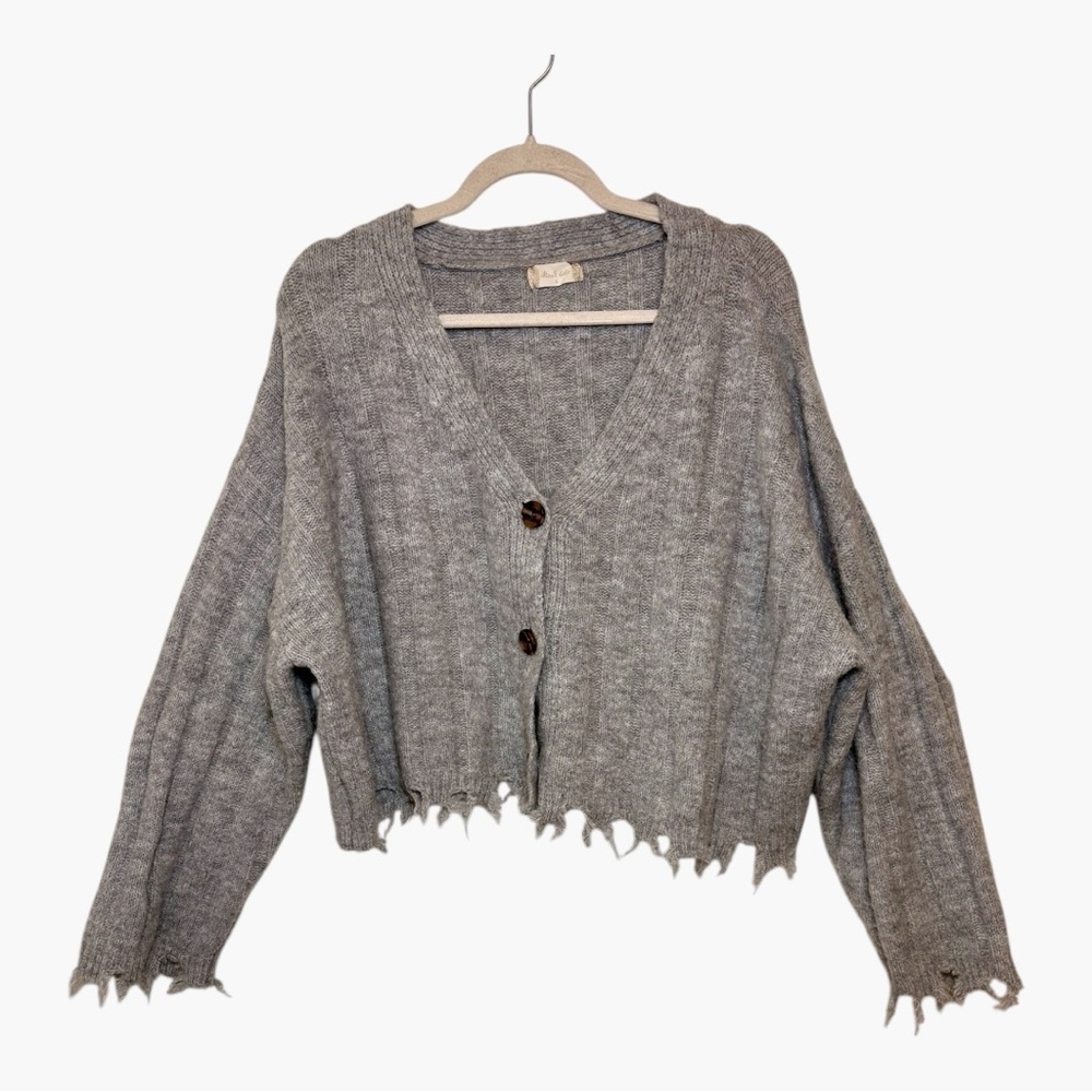 Altar’d State Gray Distressed Cropped Ribbed Cardigan Boho Grunge Large